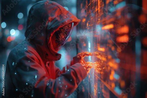A man in a hoodie is looking at a computer screen with a glowing red circle photo