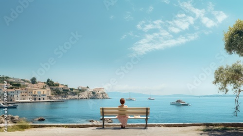 Behind a tourist sits on a bench with a beautiful view of the harbor and sea.