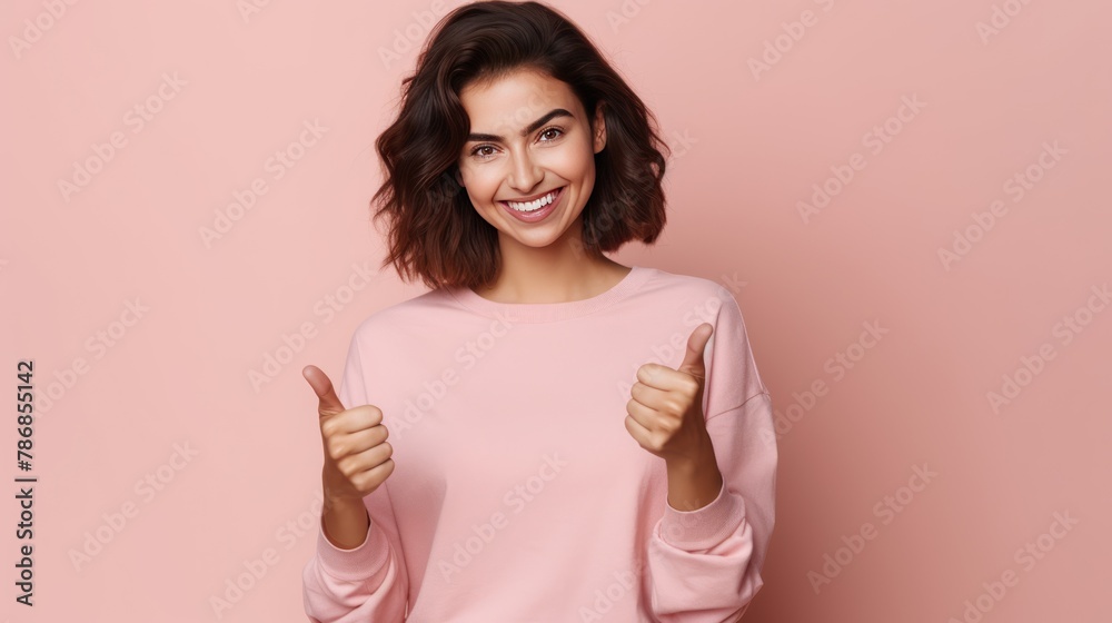 Beautiful woman with attractive cheerful successful showing thumb up Beautiful woman with attractive cheerful successful showing thumb up