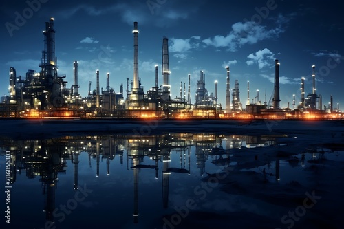 oil refinery field at night with blue sky and white clouds.