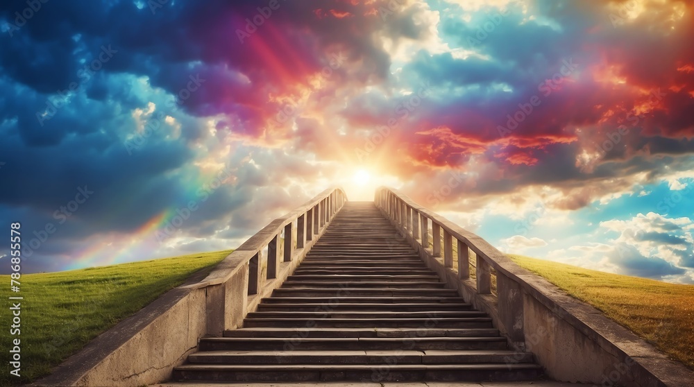 long staircase to rainbow dramatic clouds with sunlight rays fantasy background from Generative AI