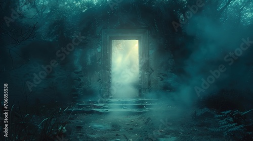 Enchanted Doorway in a Mystical Foggy Forest 