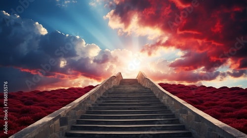 long staircase to red and blue dramatic clouds with sunlight rays fantasy background from Generative AI