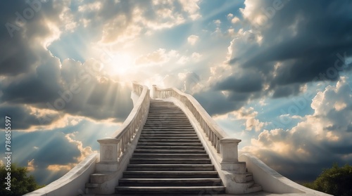 long staircase to white dramatic clouds with sunlight rays fantasy background from Generative AI