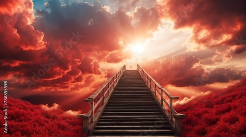long staircase to red dramatic clouds with sunlight rays fantasy background from Generative AI