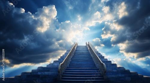 long staircase to royal blue dramatic clouds with sunlight rays fantasy background from Generative AI photo