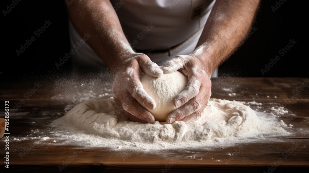 Baking or pizza concept, chef kneading dough,Cook hands kneading dough, 