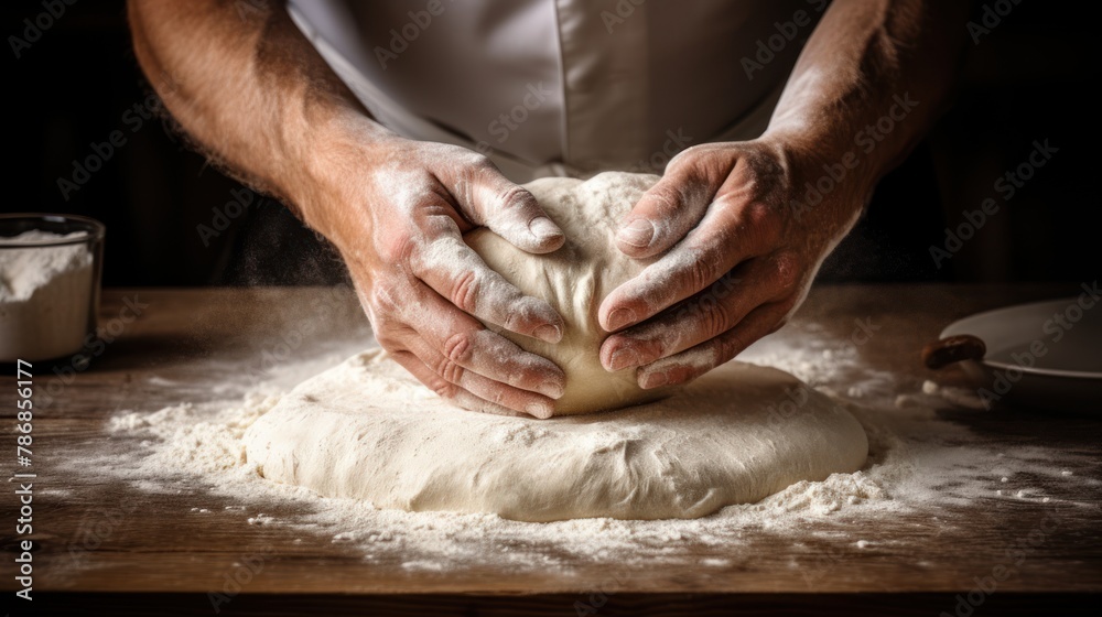 Baking or pizza concept, chef kneading dough,Cook hands kneading dough, 