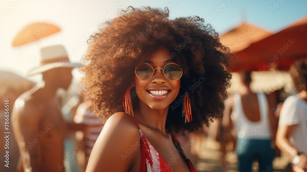 Fototapeta premium stylish Black woman smiling at a summer beach party.