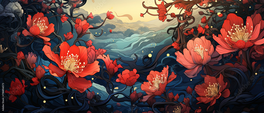 a painting of a red flower with a mountain in the background a painting of a red flower with a mountain in the background