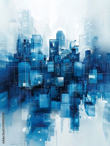 Stylized blue cubes, abstract city skyline,