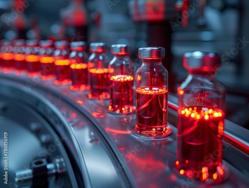 Wallpaper Mural Sterilized medical vials, glowing red, on conveyor, Torontodigital.ca
