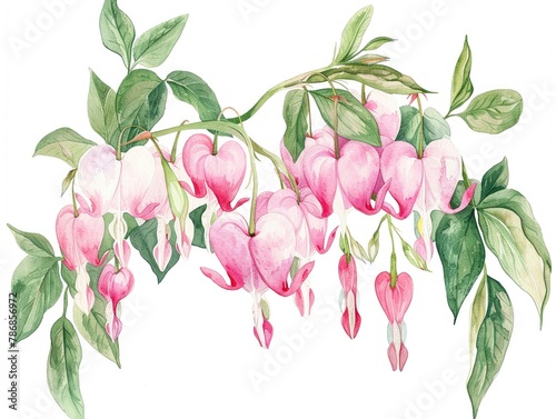 Watercolor bleeding heart clipart with heart-shaped pink and white blooms.