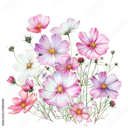 Watercolor cosmos clipart with delicate pink and white flowers.