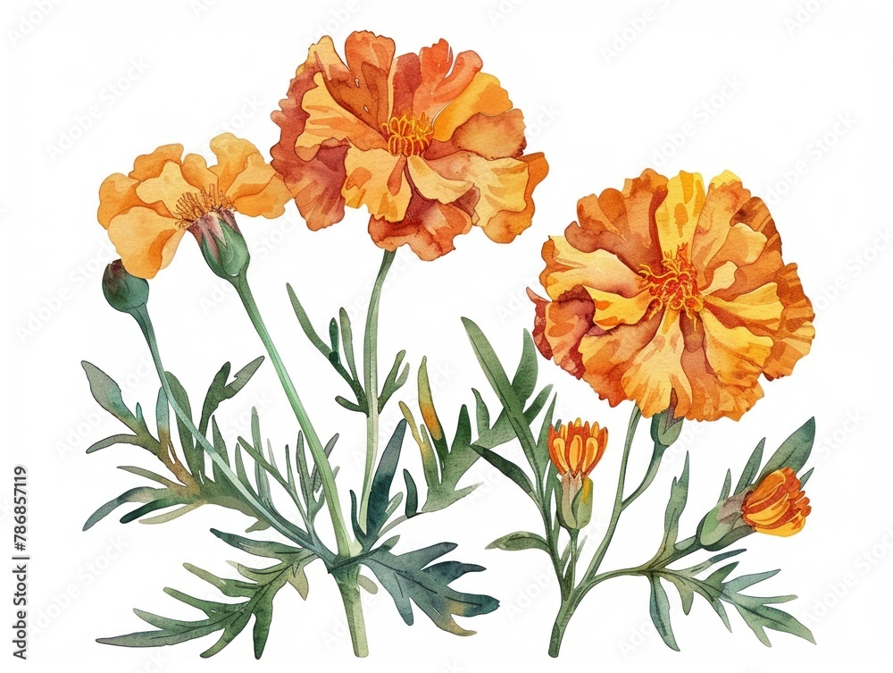 Watercolor marigold clipart with orange and yellow blooms.
