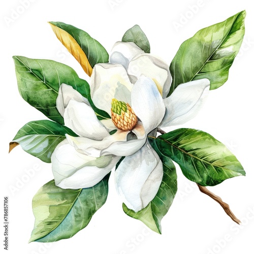 Watercolor magnolia clipart with large white petals and green leaves. #786857106