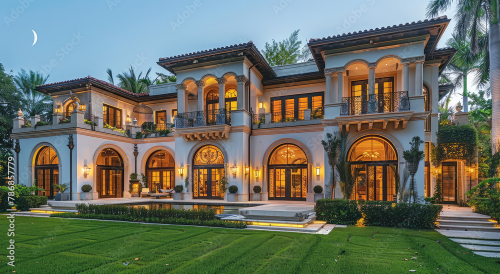 A majestic mansion in the style of an Italian palazzo, adorned with intricate stonework and arched windows, bathed in warm golden light from sconces on its exterior walls. Created with Ai