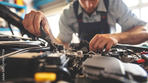 A mechanic inspecting a car engine in an auto repair shop. 