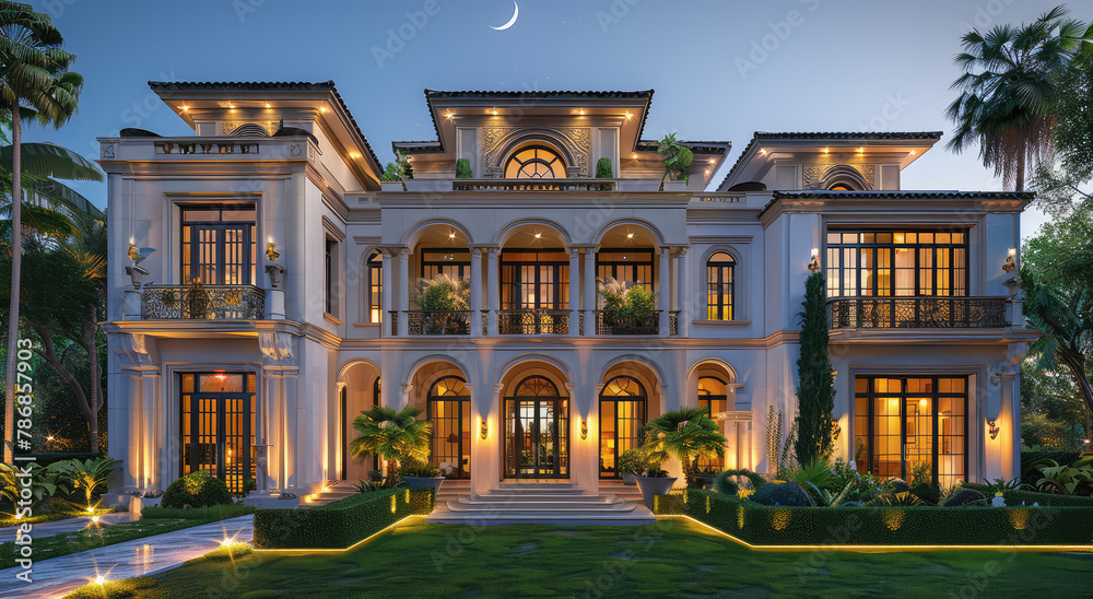 An extremely beautiful and luxurious mansion in the style of an Italian palazzo, with large windows and intricate stonework. Created with Ai