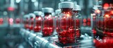 Robotic pharma packaging, gleaming red vials, futuristic,