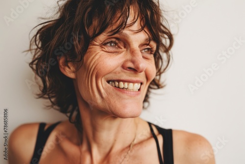 Portrait of a happy middle-aged woman smiling and looking at camera.
