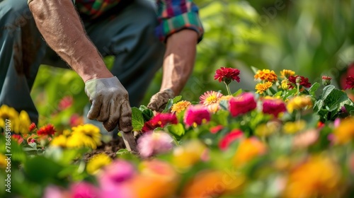 A landscaper planting flowers in a garden. 