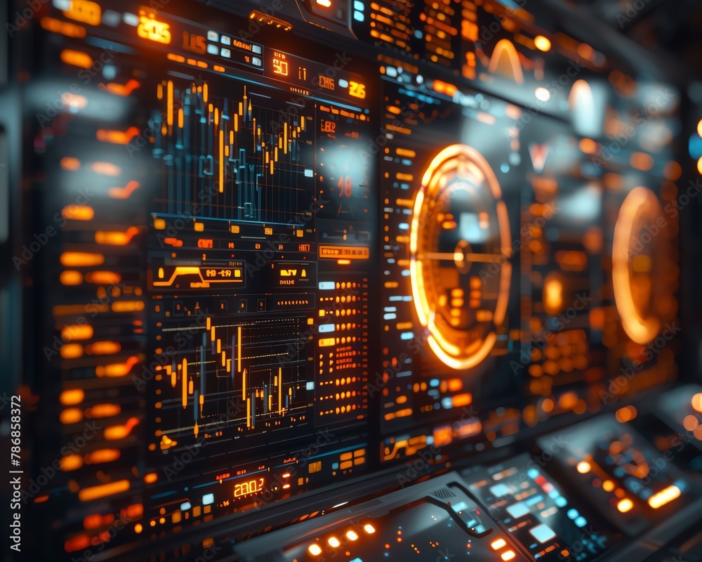 Obraz premium Global currency exchange monitors displaying realtime loan advancements and the dynamics of a shared economy