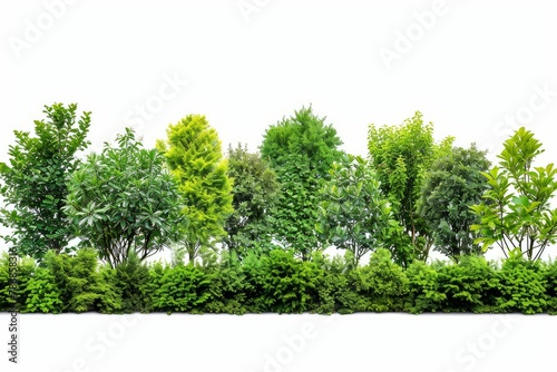 Cutout tree line. Forest and green foliage in summer. Row of trees and shrubs isolated on white background. Forest scape. High quality clipping mask . photo on white isolated background