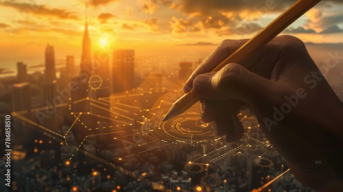 A hand wielding a pen sketches both a drawing and the city's architectural design. A contemporary architect creates a digital blueprint of the city, exemplifying digital urbanism