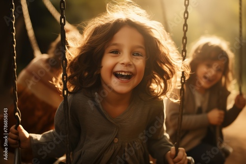 An adorable Asian young girl smiling on a swing enjoys playing in a park below the bright morning sunlight with the other children playing in the same park. Generative AI.