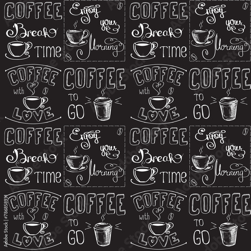 Seamless pattern with various coffee labels. Hand drawn texture pattern with coffee, to go cups, mugs, beans and lettering types. Black and white design. Monochrome wallpaper.