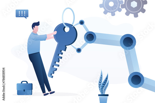 Robot hand and businessman pulling giant key. New technologies are getting out of control. Fear of artificial intelligence.