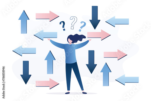 Uncertain concept. Confusion, frustration or decision making. Thinking businesswoman look at direction arrows, choose right direction. Dilemma or complicated problem,