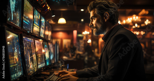 A man in black suit using computer. Created with Ai