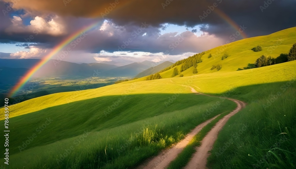 Obraz premium Amazing-scene-in-summer-mountains--Lush-green-grassy-meadows-in-fantastic-evening-sunlight--Rural-road-and-beautyful-rainbow-in-dramatic-sky--Landscape-photography