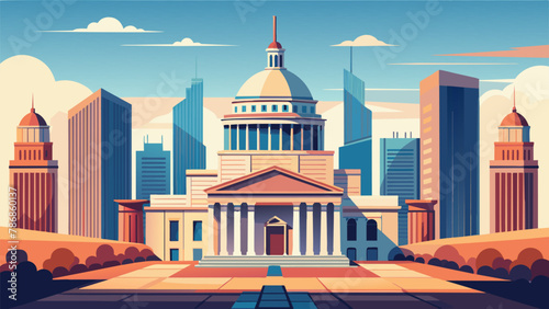 The citys central plaza is a bustling hub of architectural wonders. Surrounded by towering skyscrs a majestic neoclassical building stands out