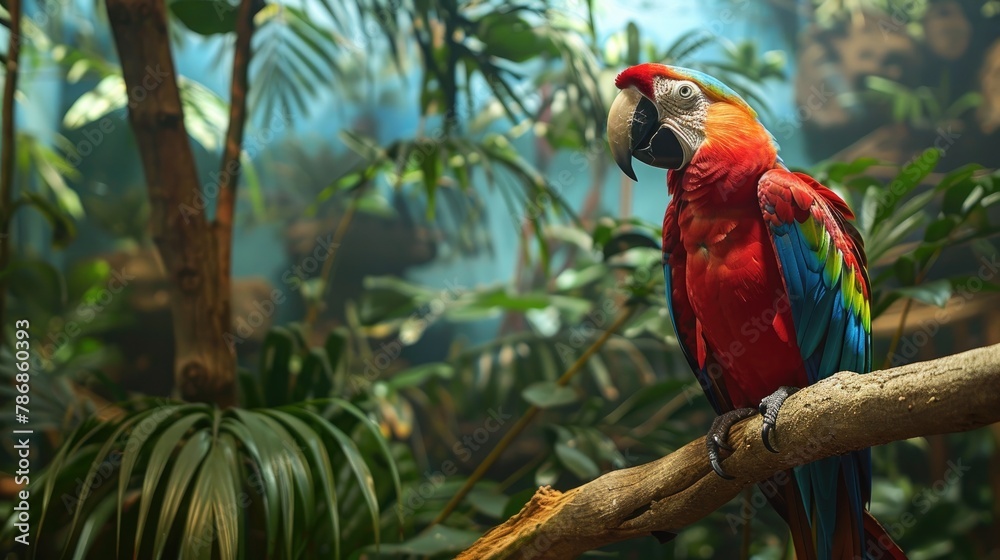 Obraz premium Macaw perched in a branch within a bird enclosure