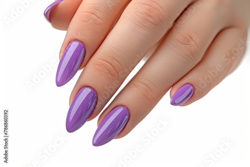 Female hand with purple lavender gel polish on long nails on a white isolated background. Beauty spa concept, manicure . photo on white isolated background