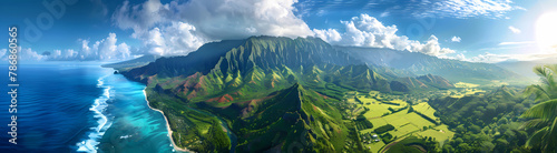 A panoramic view of the island of Kauai is seen from above, with a mountain range in front and an ocean on one side photo