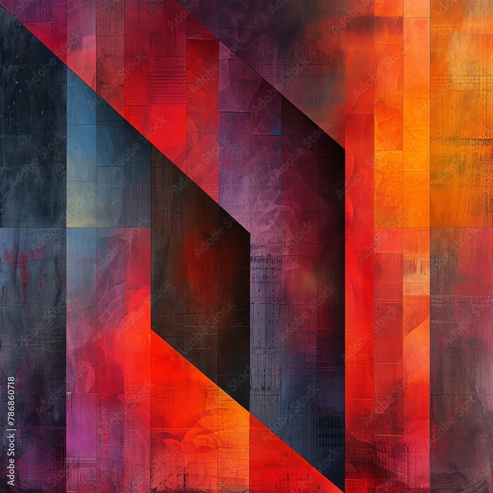 Digital artwork of geometric shapes layered with deep, rich colors and ...