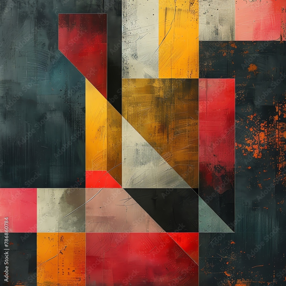 Digital artwork of geometric shapes layered with deep, rich colors and ...