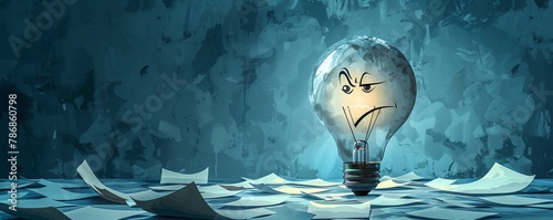 Engaging cartoon of a lightbulb with a frown and dim light, casting a shadow over a desk of rejected business proposals photo