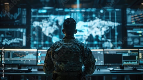 Military HQ surveillance officers cyber police work in office young soldier viewing data on a large digital screen photo