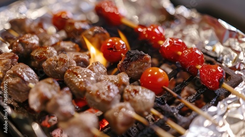 Different types of small skewers with meat and cherry tomatoes being grilled over an open flame inside silver foil.