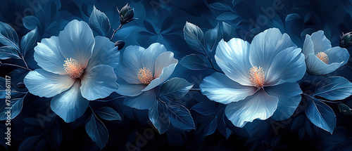 a three blue flowers that are on a dark background