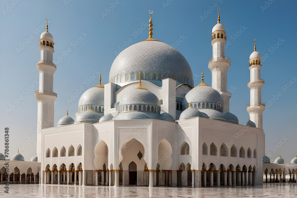 Beautiful white mosque with blue dome, view from terrace with clear sky background.