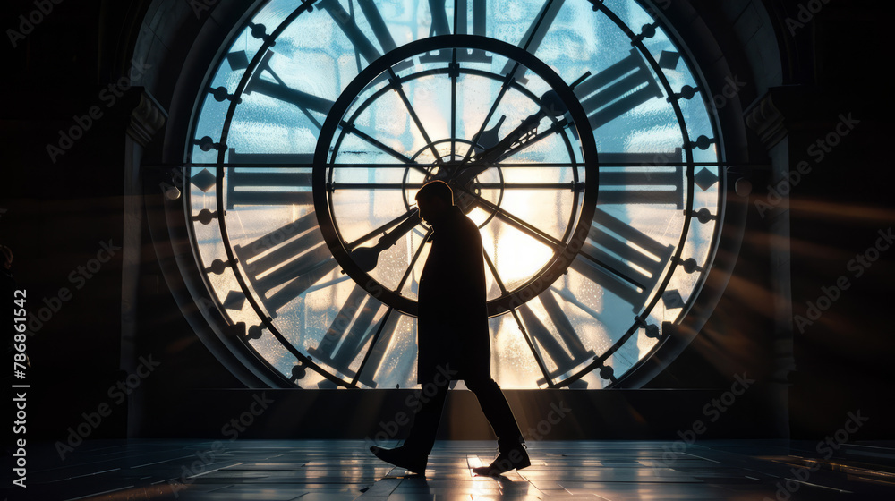 Silhouette of a man walking in front of a large clock