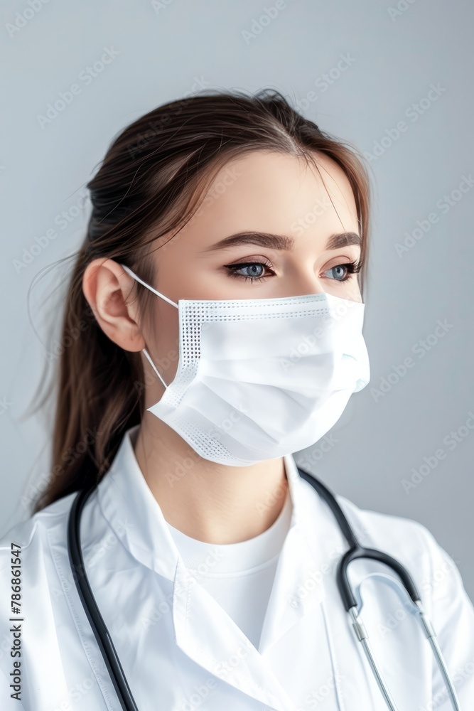 Young Female Healthcare Professional Wearing Mask and Stethoscope Against Grey Background Young Female Healthcare Professional Wearing Mask and Stethoscope Against Grey Background
