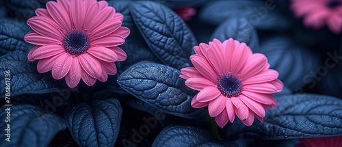 a two pink flowers that are on the green leaves photo