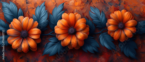 a three orange flowers on a red background with blue leaves photo